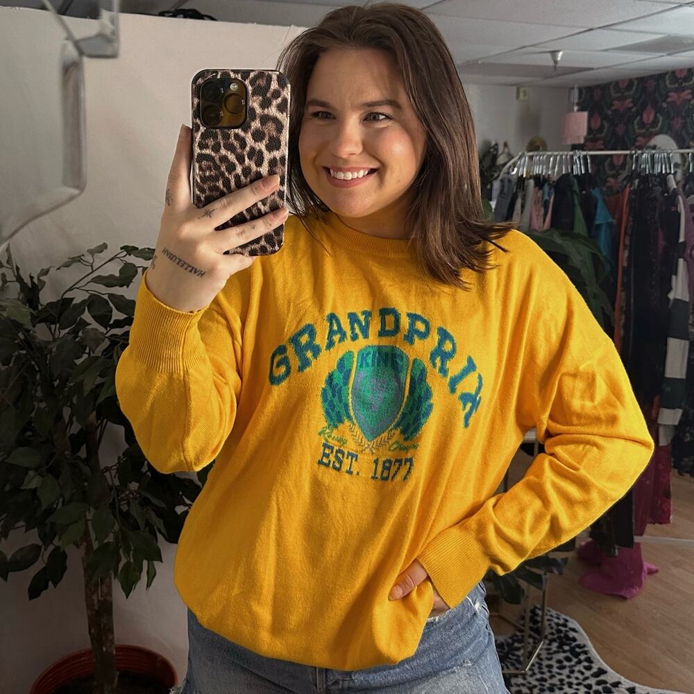 Forever 21 Grand Prix Crew Neck Pullover Sweatshirt Yellow Size Medium